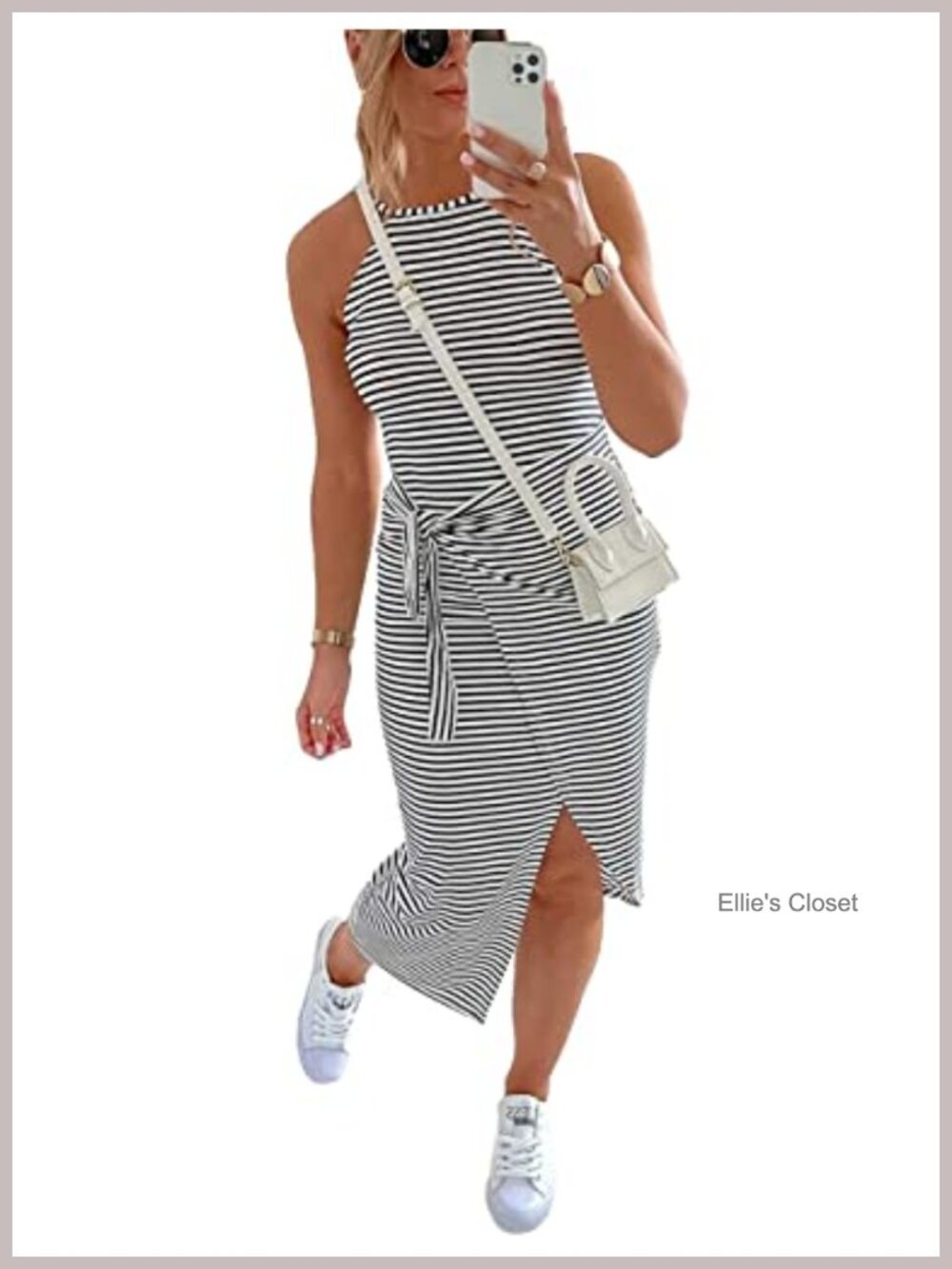 Sleeveless Ruched Tie Waist Midi Dress Striped Bodycon